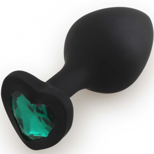Черная силиконовая пробка с зеленым кристаллом сердце Medium