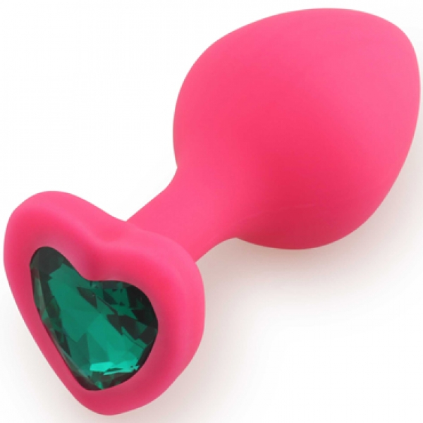 Пробка силиконовая розовая с зеленым стразом сердце M