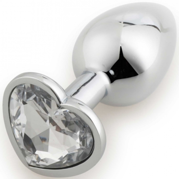 Серебристая пробка с прозрачным кристаллом сердце Medium