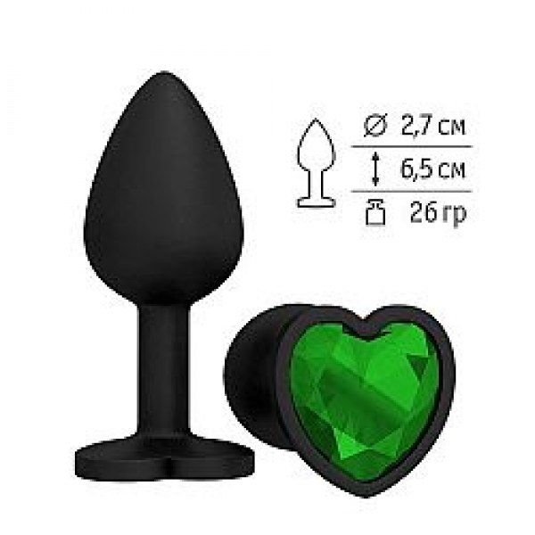 Черная силиконовая пробка с зеленым кристаллом сердце Small