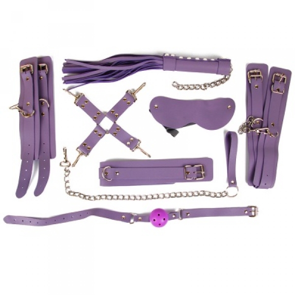 Набор БДСМ фиолетовый (наручники, оковы, ошейник с поводком, кляп, маска, плеть, фиксатор)