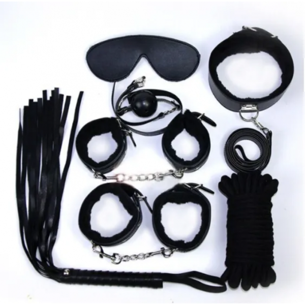 Набор БДСМ черный (наручники, оковы, маска, кляп, плеть, ошейник с поводком, верёвка)