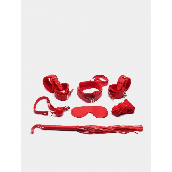 Набор БДСМ красный (наручники, оковы, маска, плеть, ошейник, веревка)