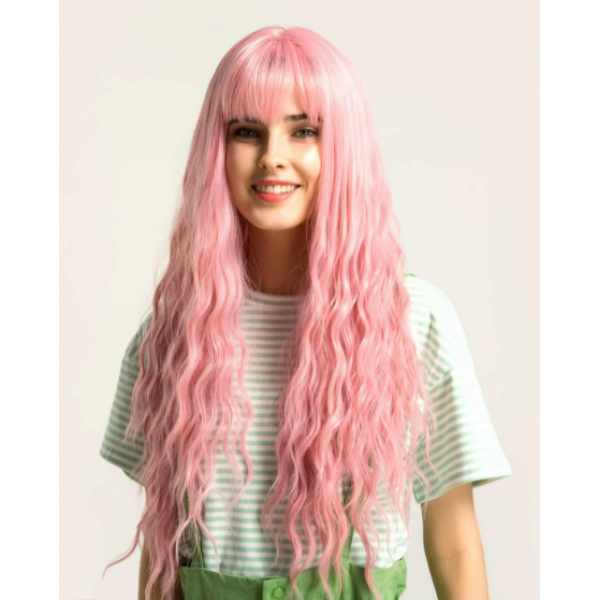 Парик розовый длинные волнистые волосы с челкой